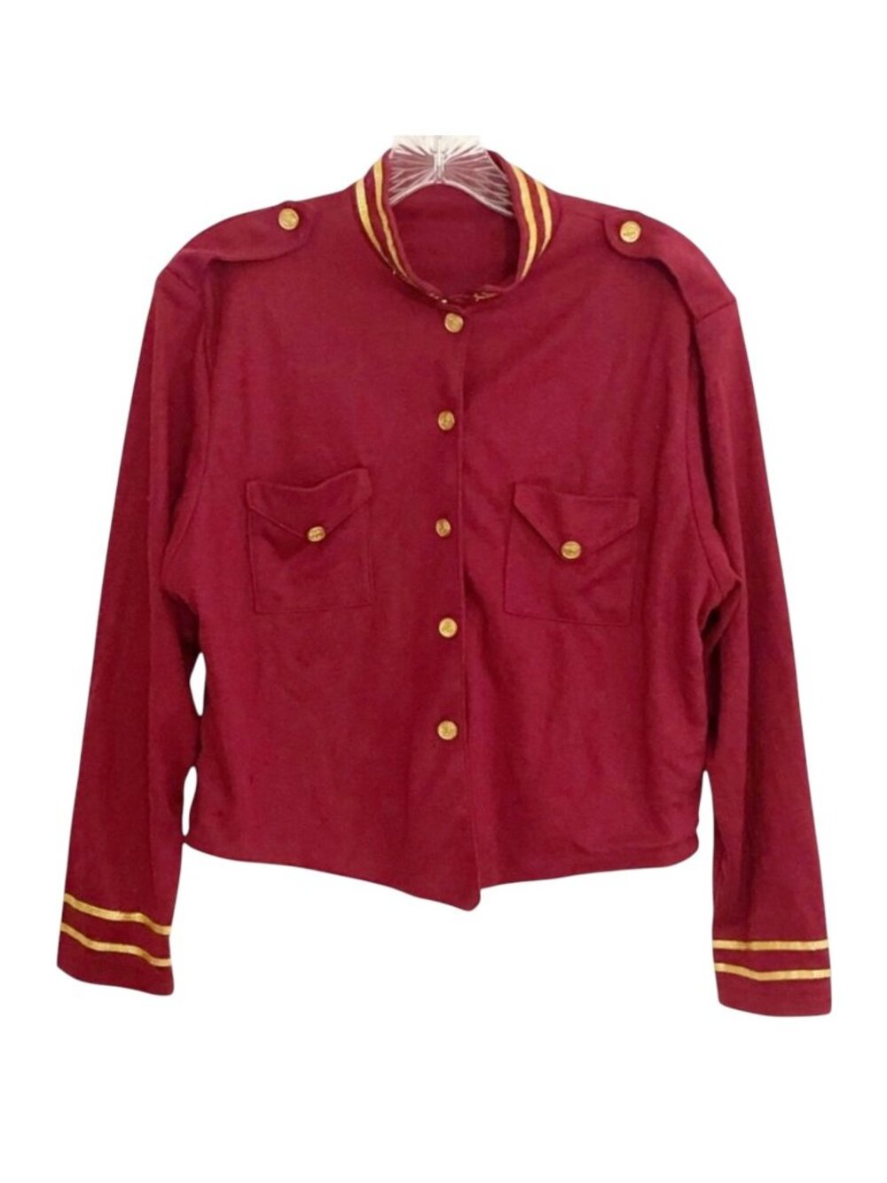 Vtg 1990s UNITS USA Military Style Gold Trim Button Front Top OS Burgundy Maroon